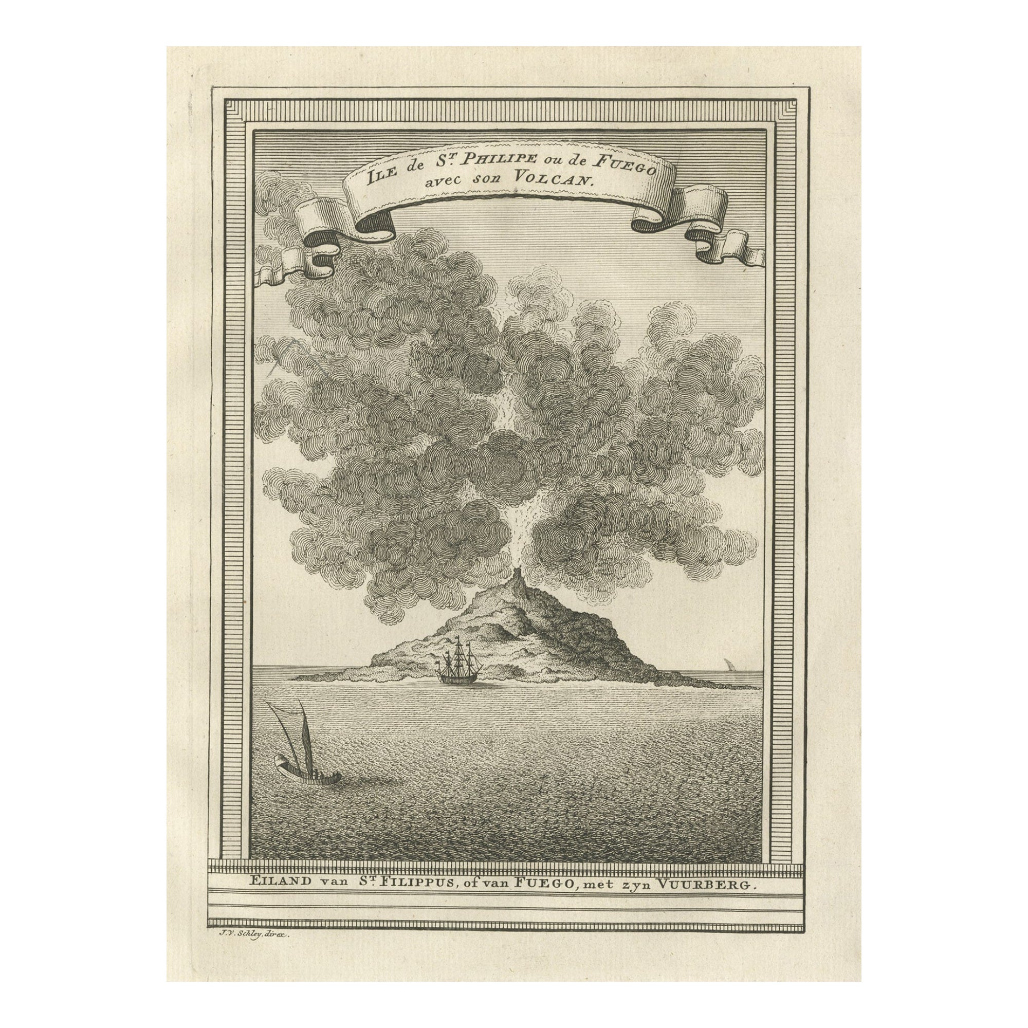 Old Engraving of Volcano Piton de la Fournaise on Reunion Island, c.1750 For Sale