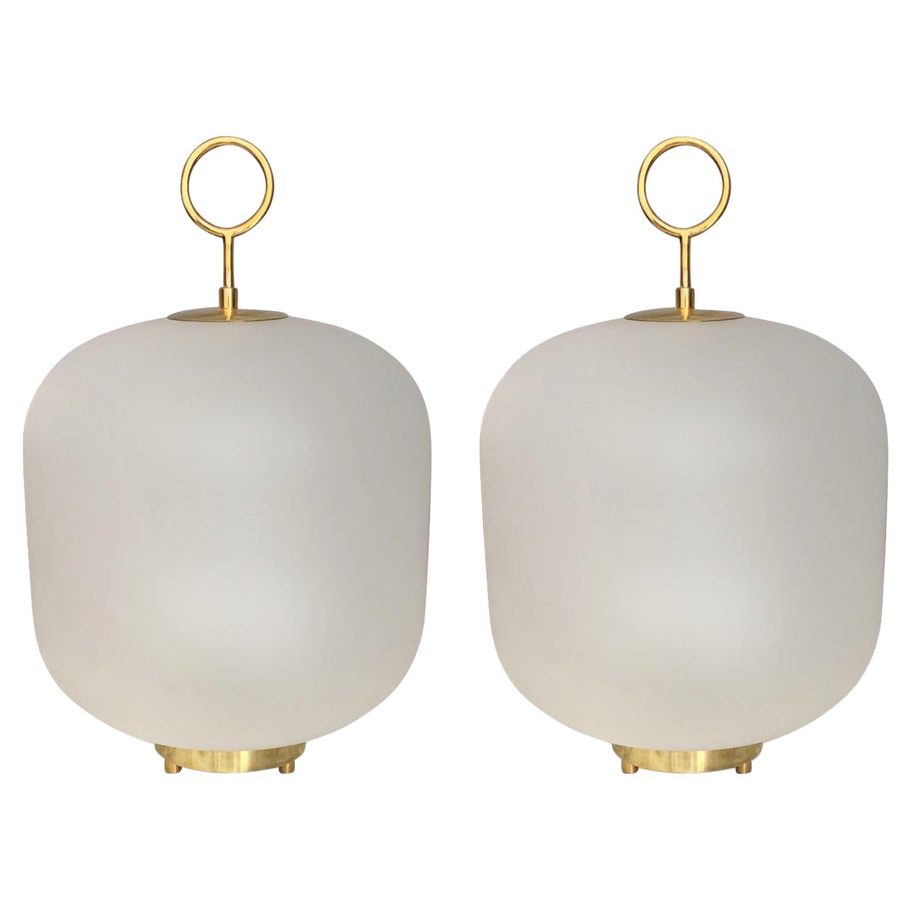 Contemporary Pair of Murano Glass Can Lamp Brass Ring, Italy