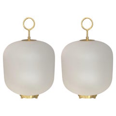 Contemporary Pair of Murano Glass Can Lamp Brass Ring, Italy