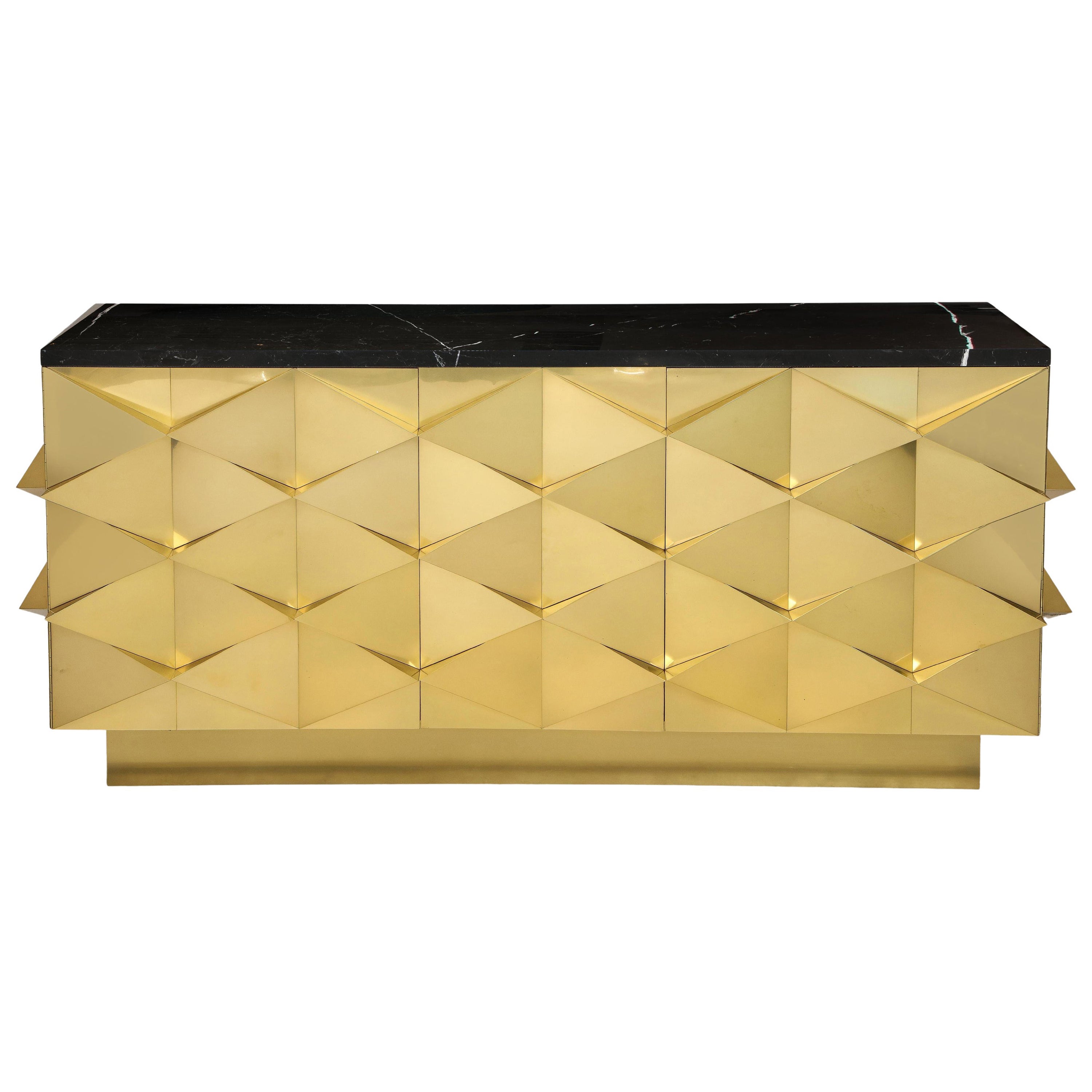 Geometric Lacquered Brass and Black Marquina Marble Top Sideboard, Italy, 2022 For Sale