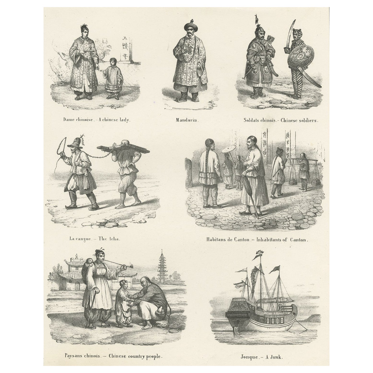 Impression ancienne avec vues de Chine incl Punishment, un Junk and a Mandarin, vers 1860