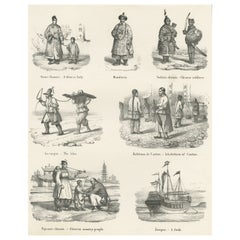 Antique Print with Views of China Incl Punishment, a Junk and a Mandarin, C.1860