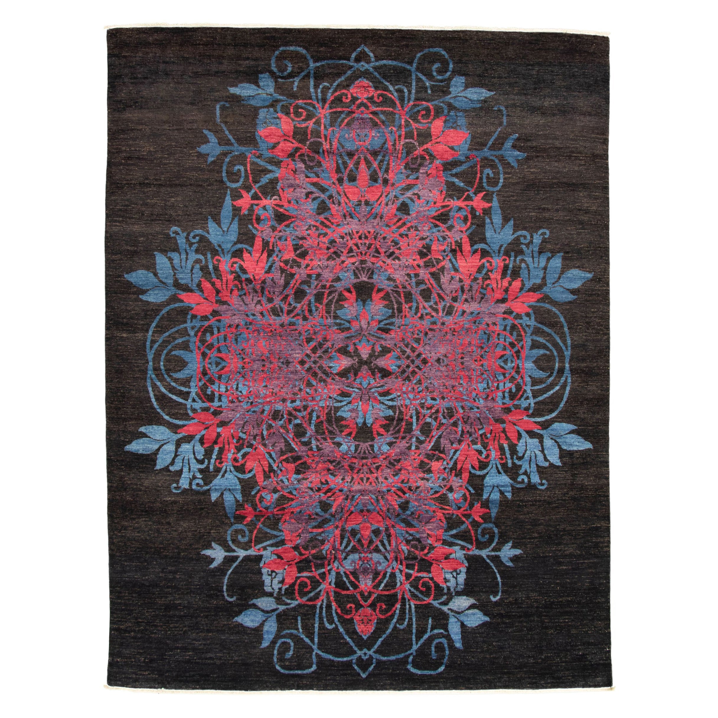 Transitional Dual-Medallion Blue and Pink Hand-Knotted Carpet, 8' x 10'