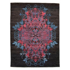 Wool Transitional Dual-Medallion Blue and Pink Hand-Knotted Carpet, 8' x 10'