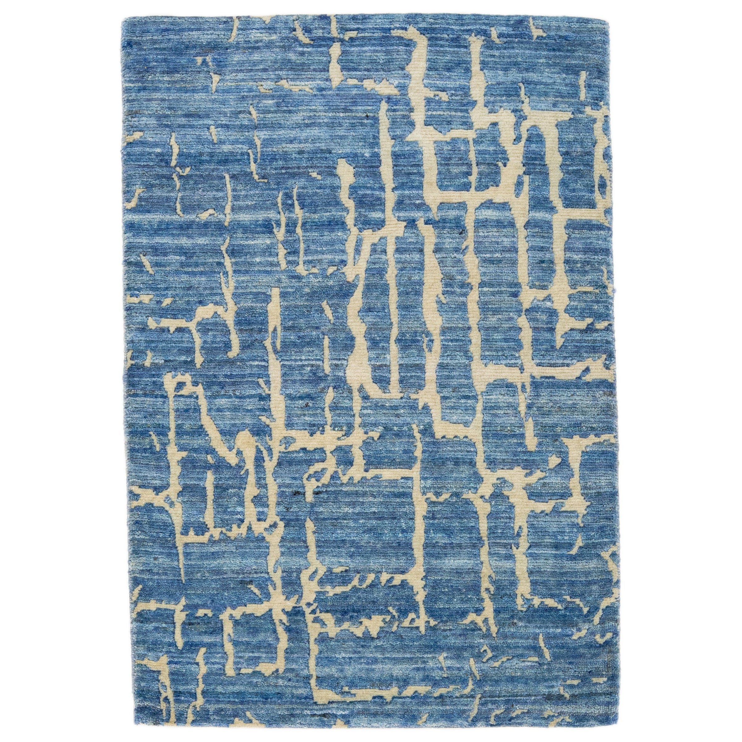 Contemporary Handmade Abstract Custom Blue Wool Rug