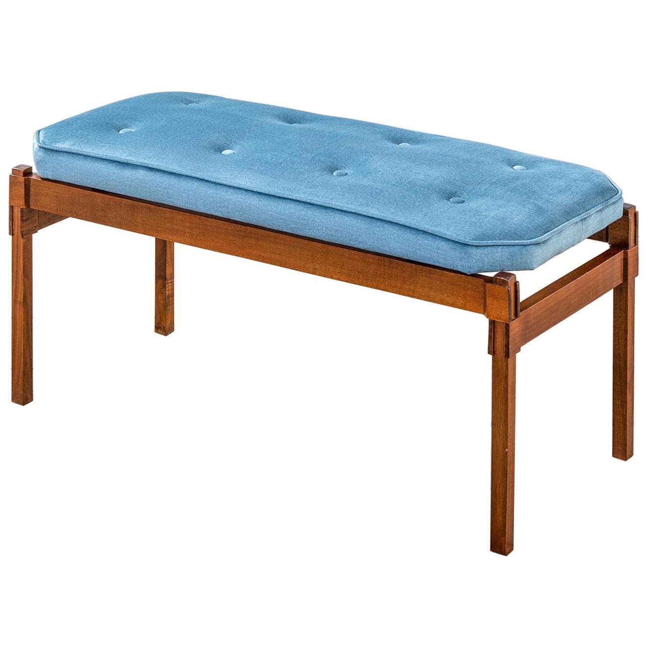 Banc Ico Parisi du 20ème siècle avec structure en bois et sièges en tissu, bleu