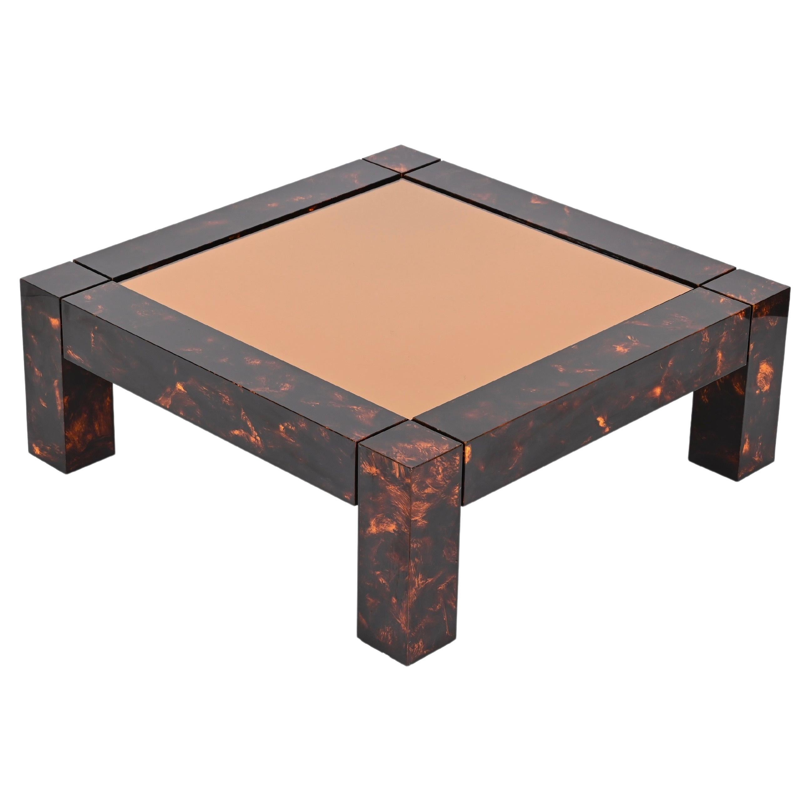 Couchtisch aus Lucite und Schildpatt mit Bronze-Spiegelplatte aus der Mitte des Jahrhunderts, Italien 1970er Jahre