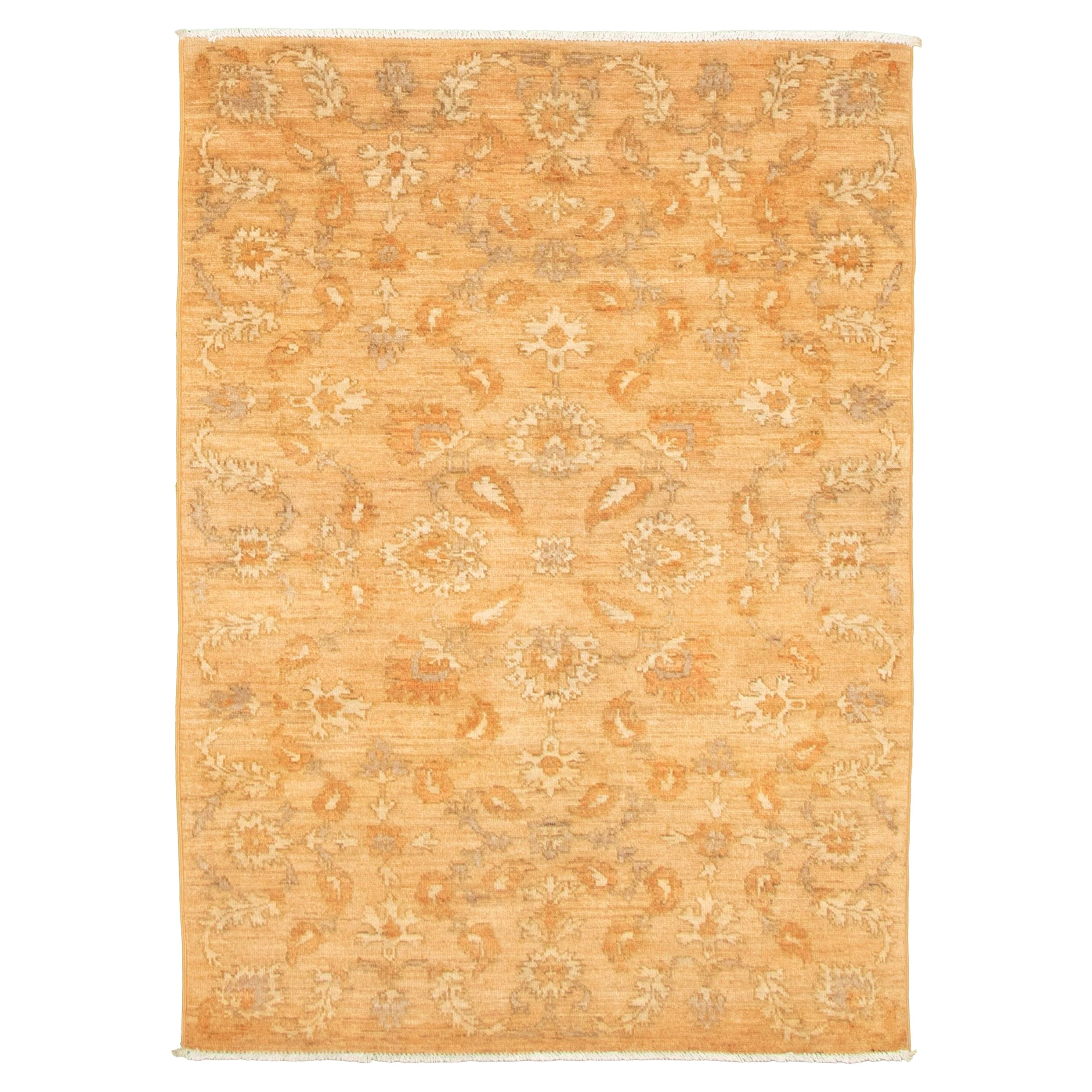 Laine, Tapis persan Oushak noué à la main, jaune, taupe, crème, 4' x 6'