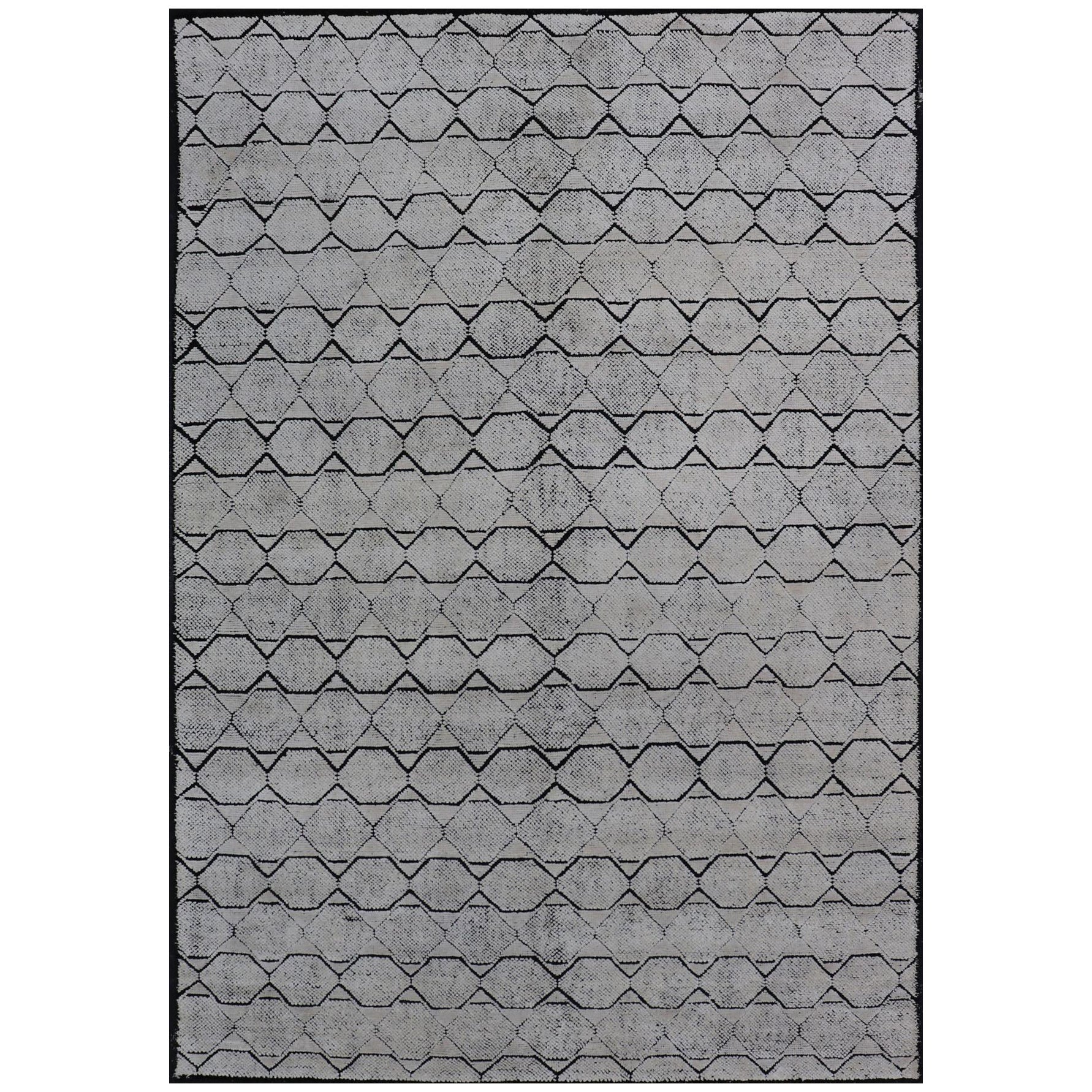 Indian Modern Geometric & Minimal Design Area Rug in Ivory and Black For Sale