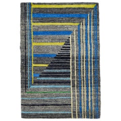 Tapis moderne gris/bleu abstrait fait à la main en laine et soie