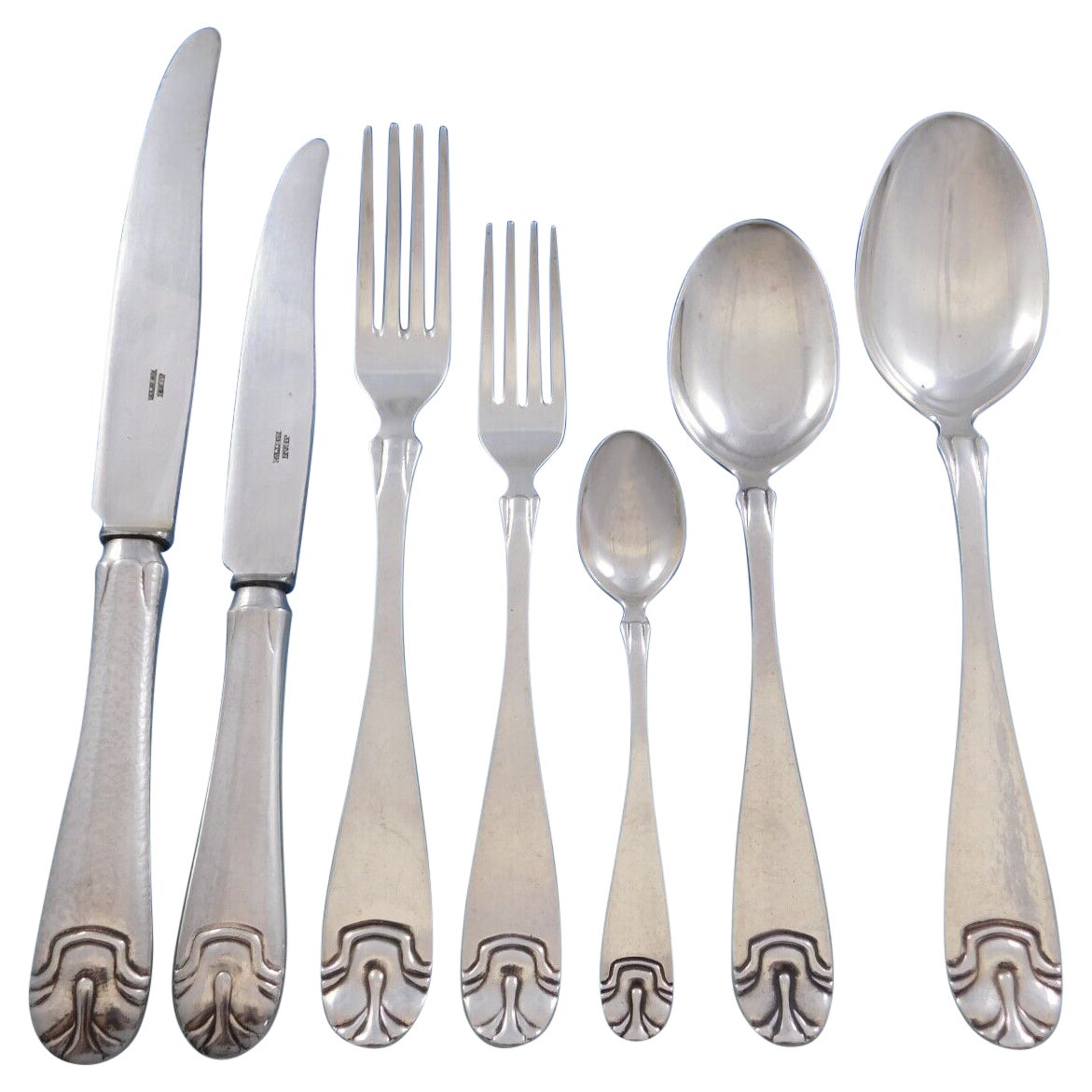 Hammered Shell Hamret Skjell by J Tostrup Norway 830 Silver Flatware Set Service For Sale
