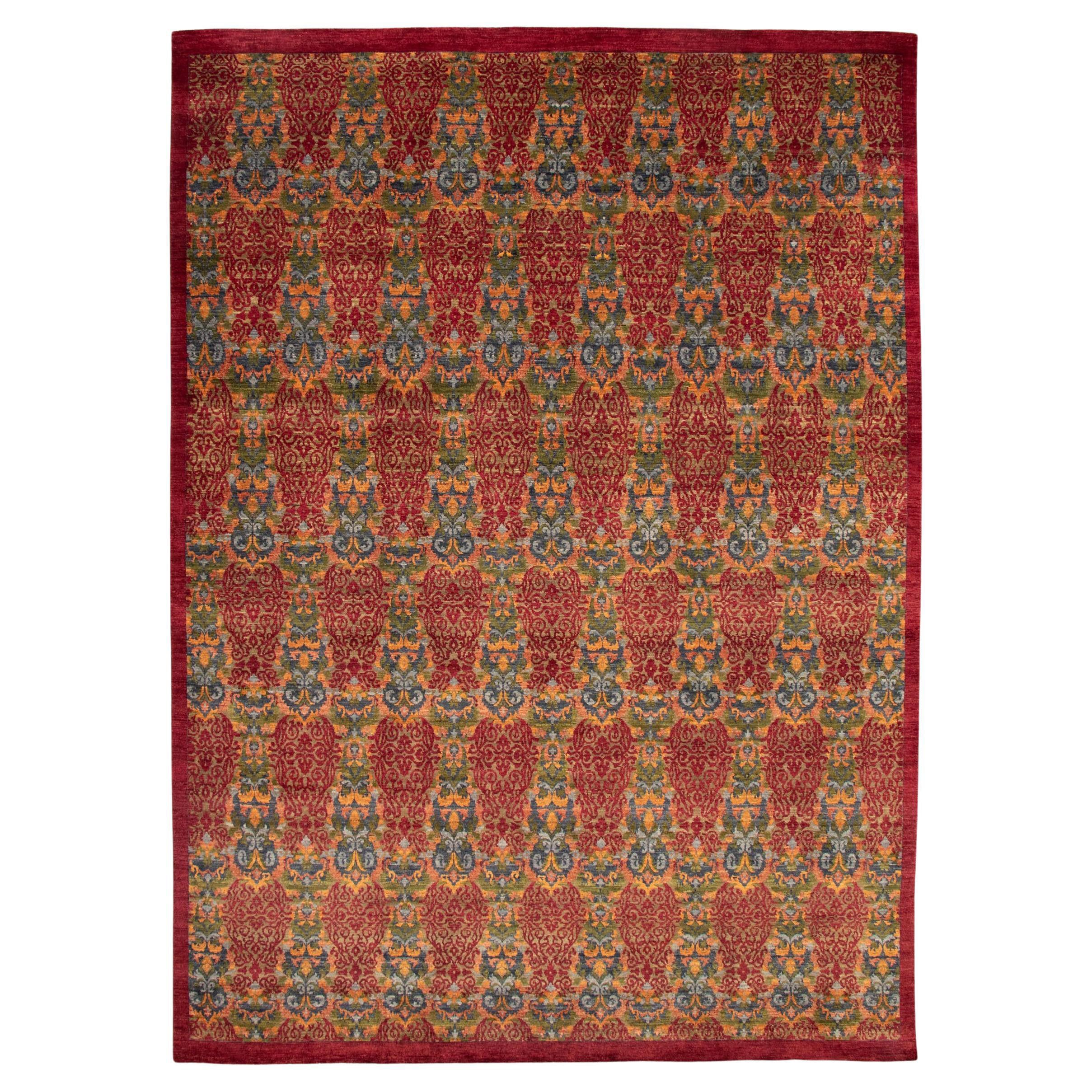 Hand-Knotted Wool, Red Lahore Carpet, 10’ x 14’ For Sale