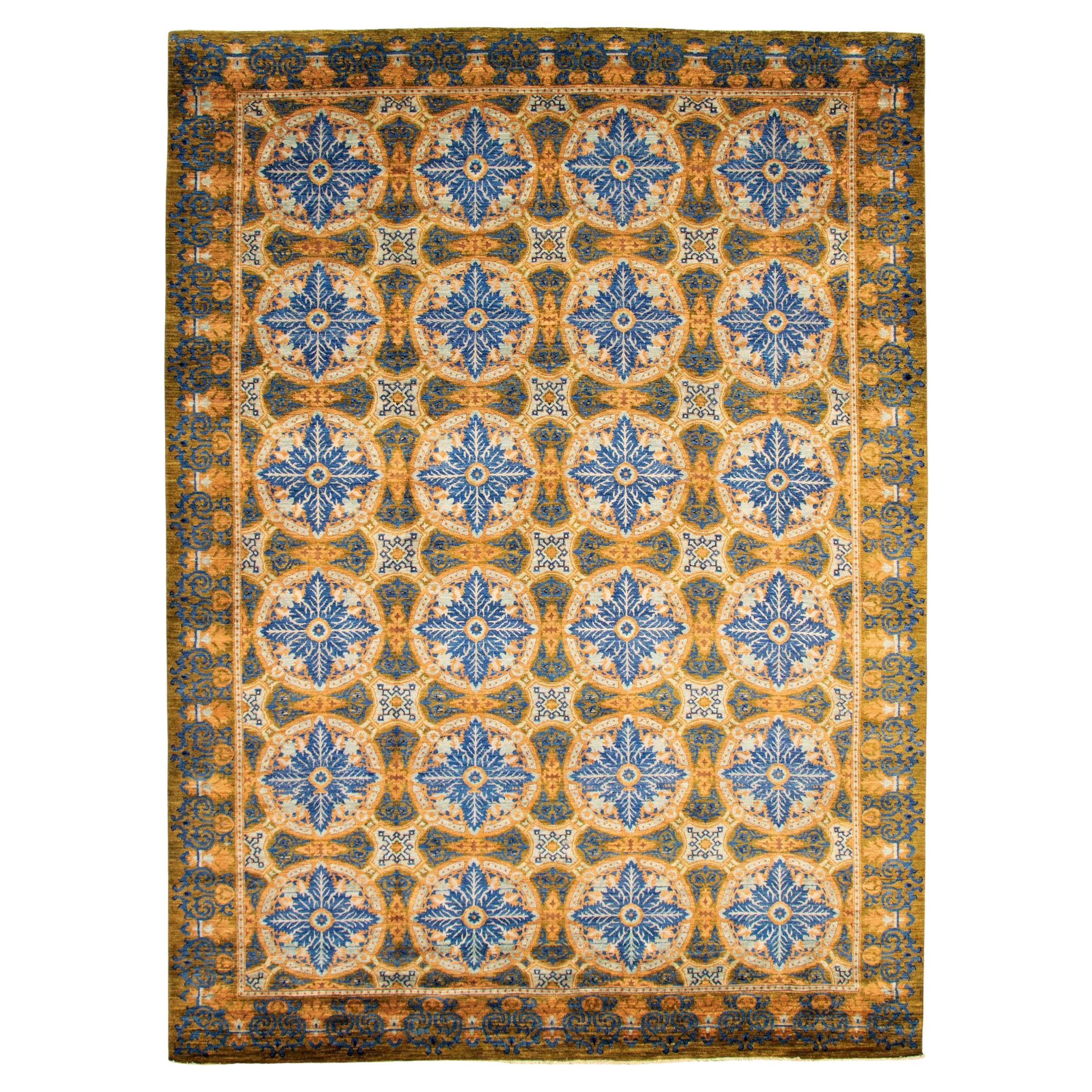Geometric and Transitional Garden Carpet, Indigo, and Gold, Wool, 9' x 12' For Sale