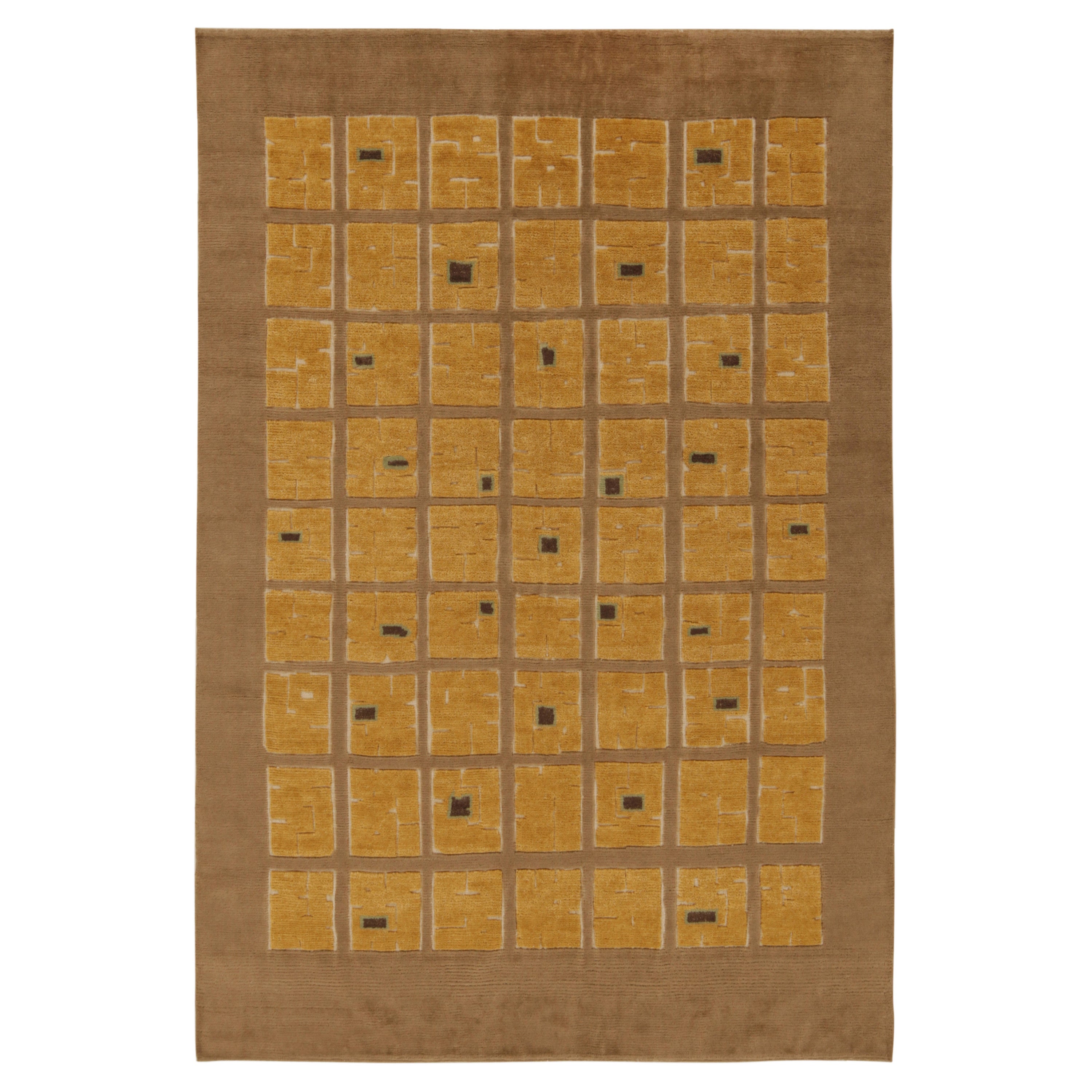 Rug & Kilim’s French Art Deco Style Rug in Beige-Brown with Gold Square Patterns For Sale