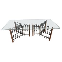 Vintage Rustic Wrought Iron Fence Base Custom Dining Table & Beveled Glass Top