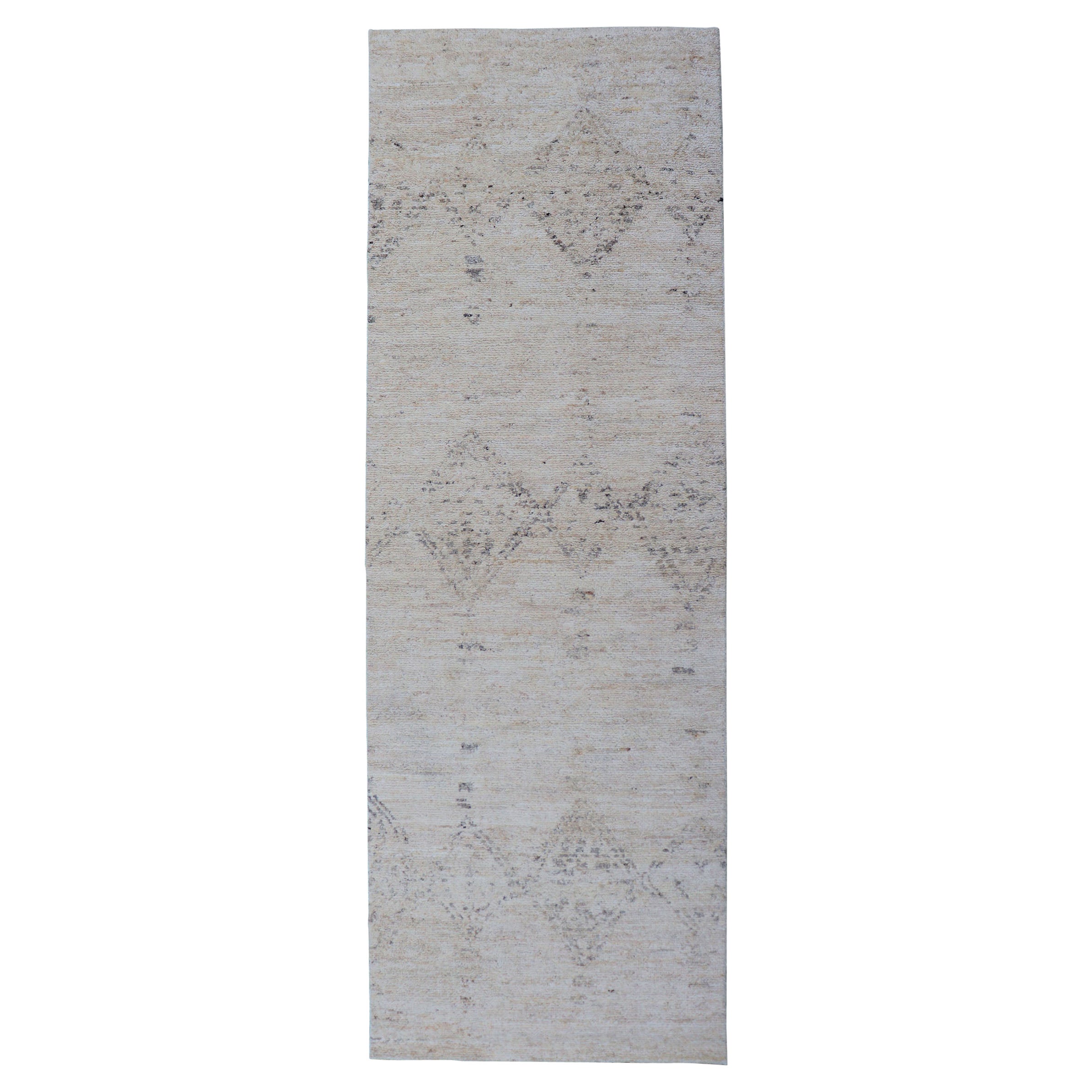 Modern Wide Gallery Runner in Neutrals with Moroccan Design in Cream and Grey For Sale