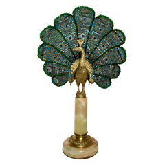 Antique French Art Deco Crystal & Gold Bronze Peacock Lamp on Onyx Base, Ca 1920