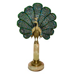 Vintage French Art Deco Crystal & Gold Bronze Peacock Lamp on Onyx Base, Ca 1920