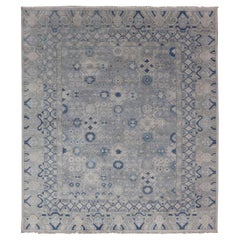 Modern Floral Khotan Area Rug in Muted Blues and Gray
