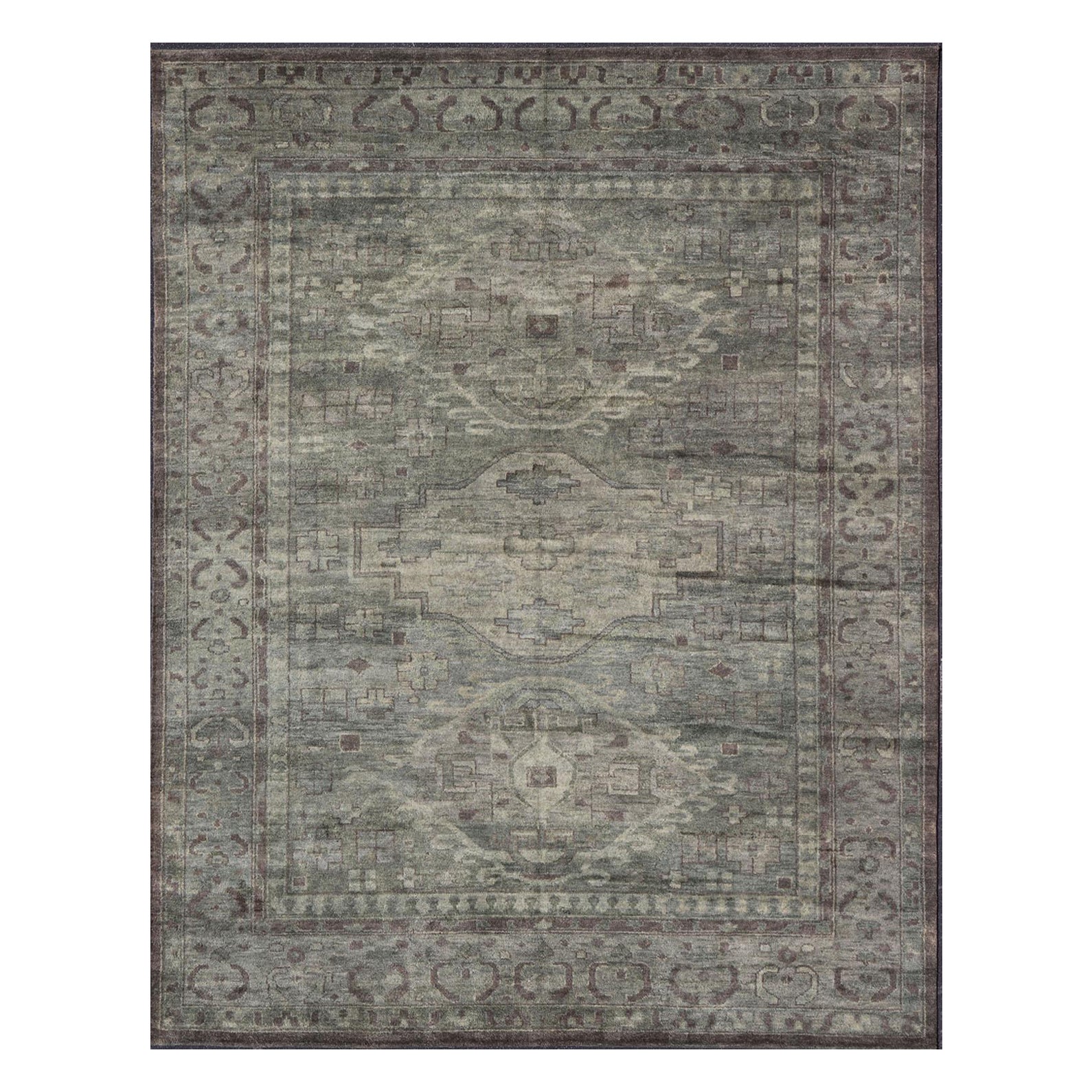 Large Modern Tribal Medallion Khotan in Muted Earthy Green Colors For Sale