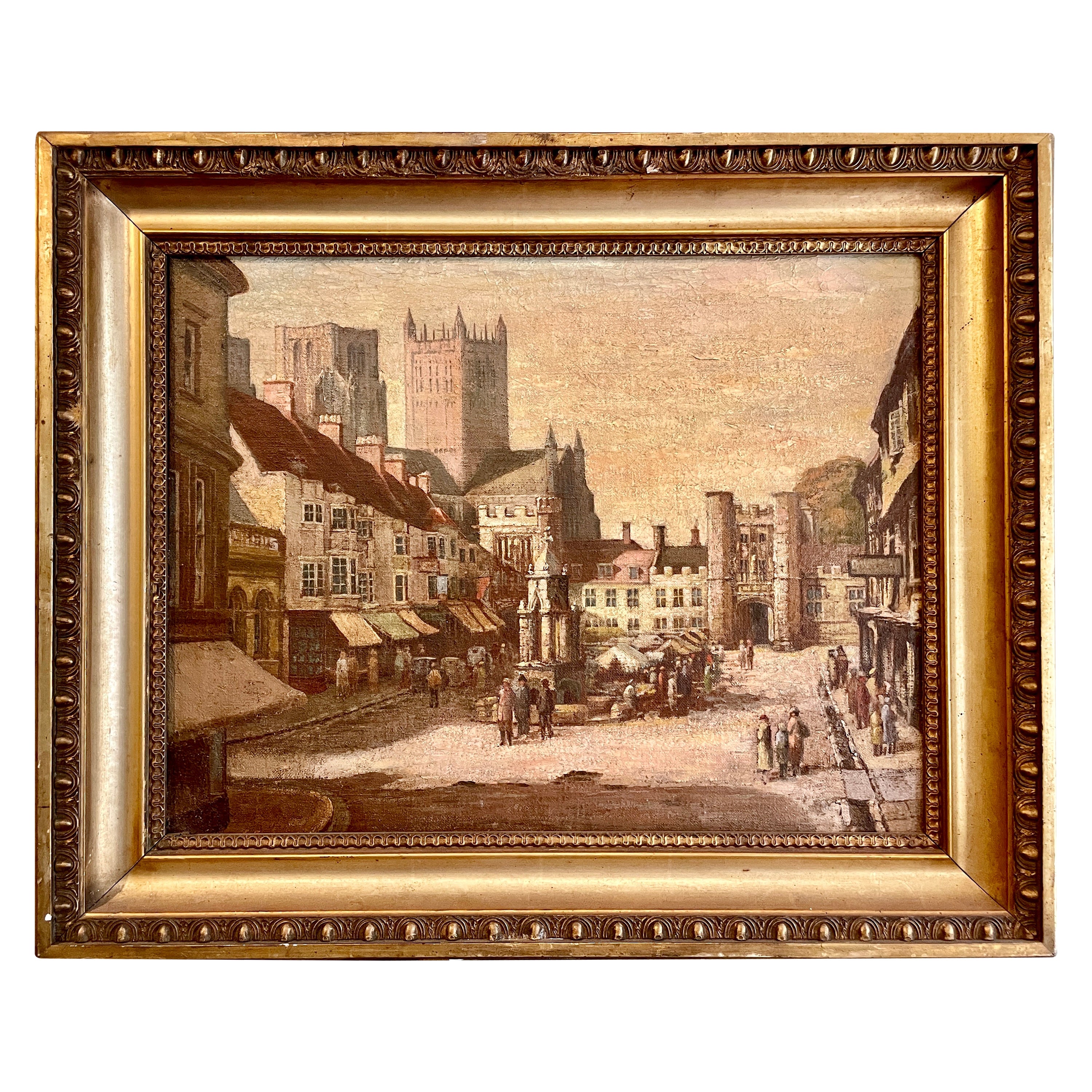 Antique English Oil On Canvas Painting "The Marketplace, " by George E. Butler For Sale