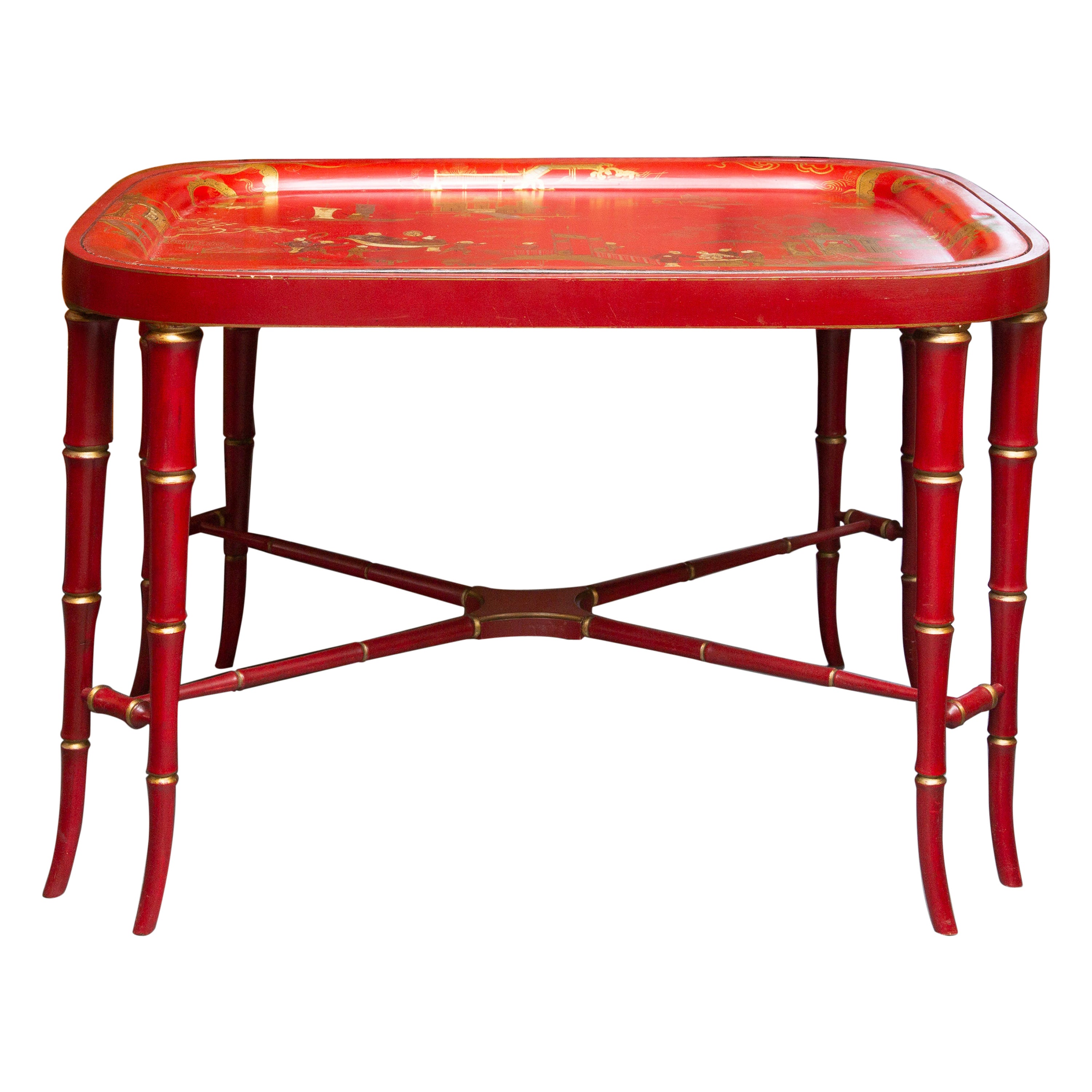 English Tole Red Serving Tray on a Later Stand For Sale