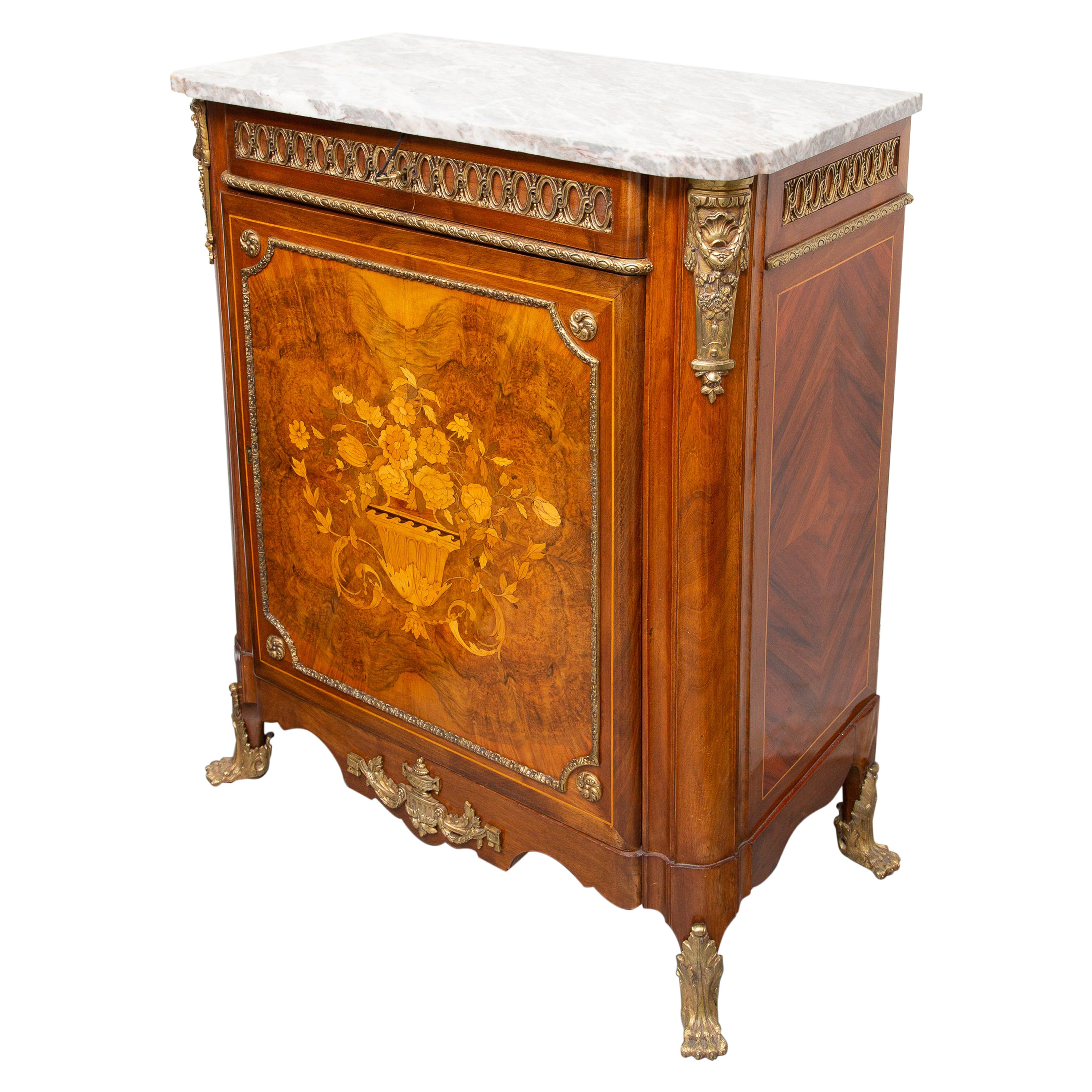 19th Century French Marquetry Cabinet with Marble Top For Sale