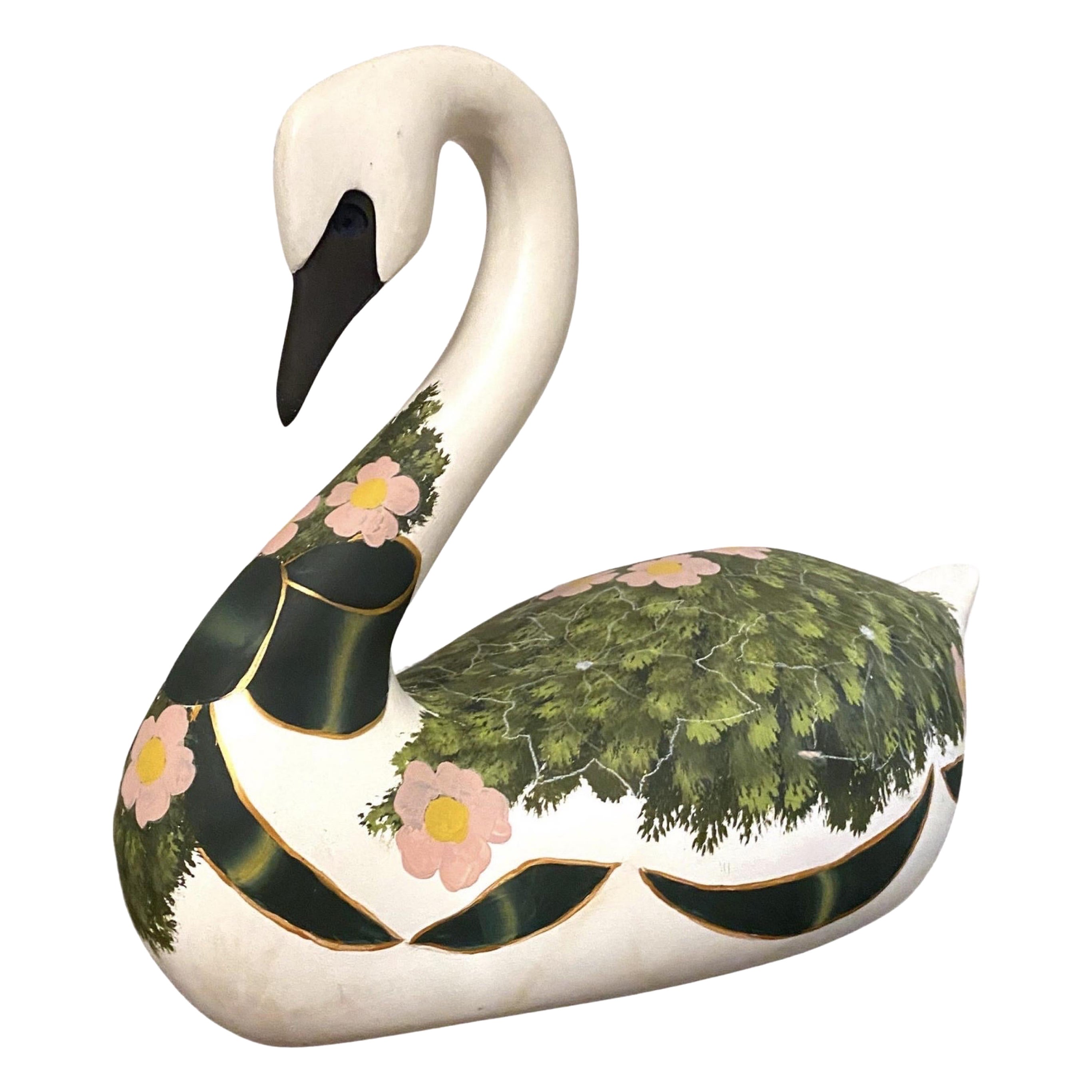 Vintage Carved Swan Decoy Hand Painted Green and Gold and Pink