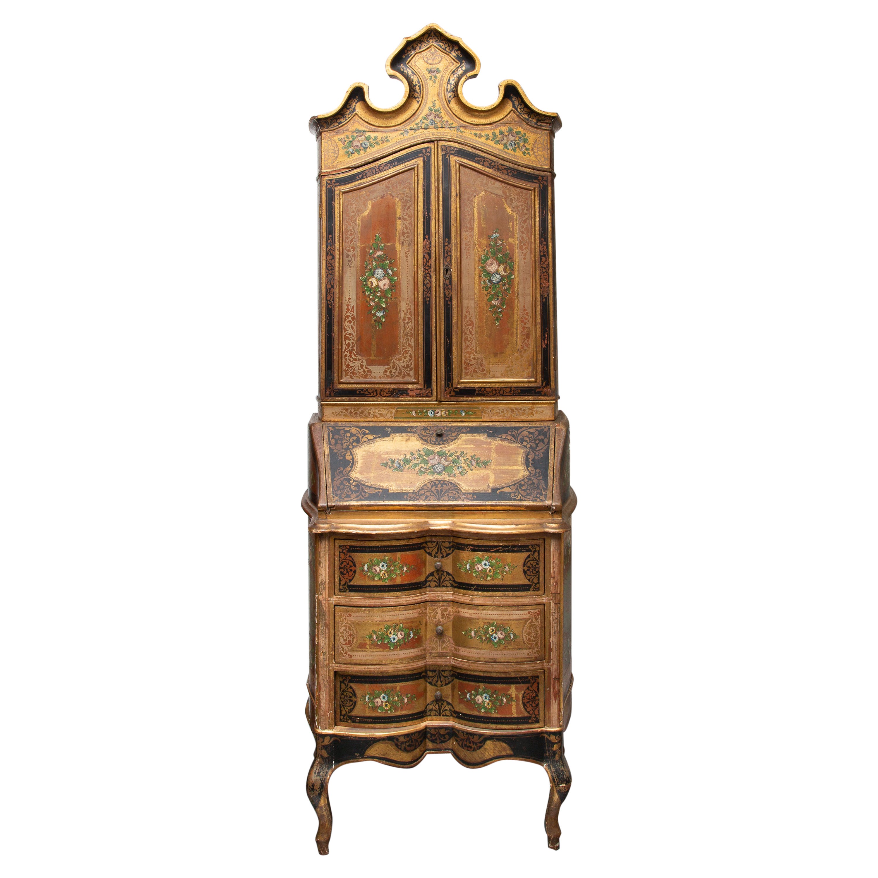 Italian Venetian Style Polychrome Secretary Bookcase