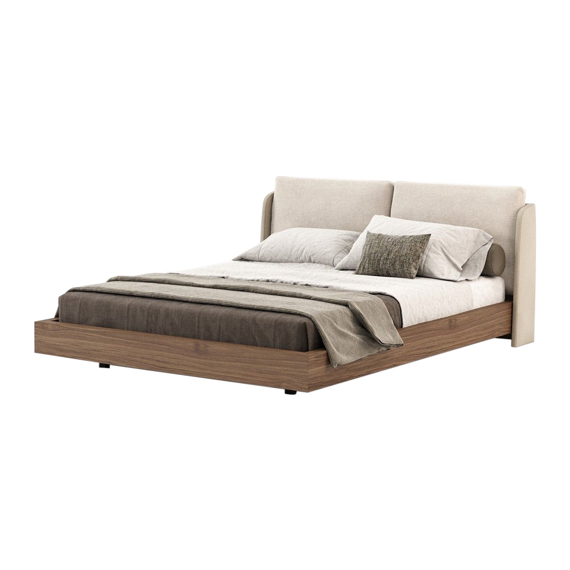 Musa King Bed in Brown Leather and Oatmeal Fabric For Sale at 1stDibs