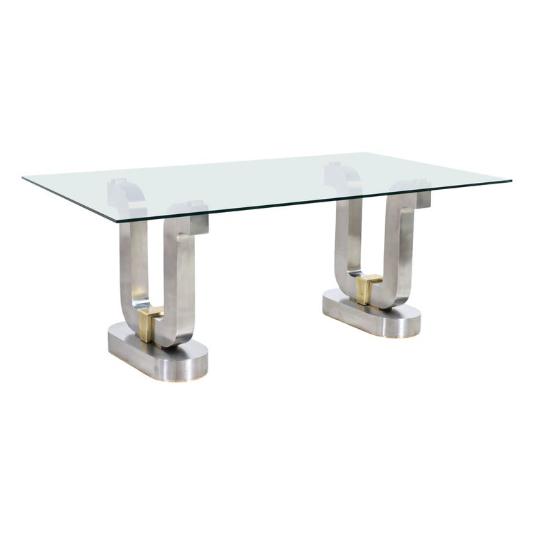 Mid-Century Modern Sculpted Metal Dining Table with Glass Top For Sale ...
