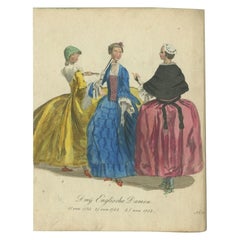 Incisione antica colorata a mano di tre signore inglesi, 1805