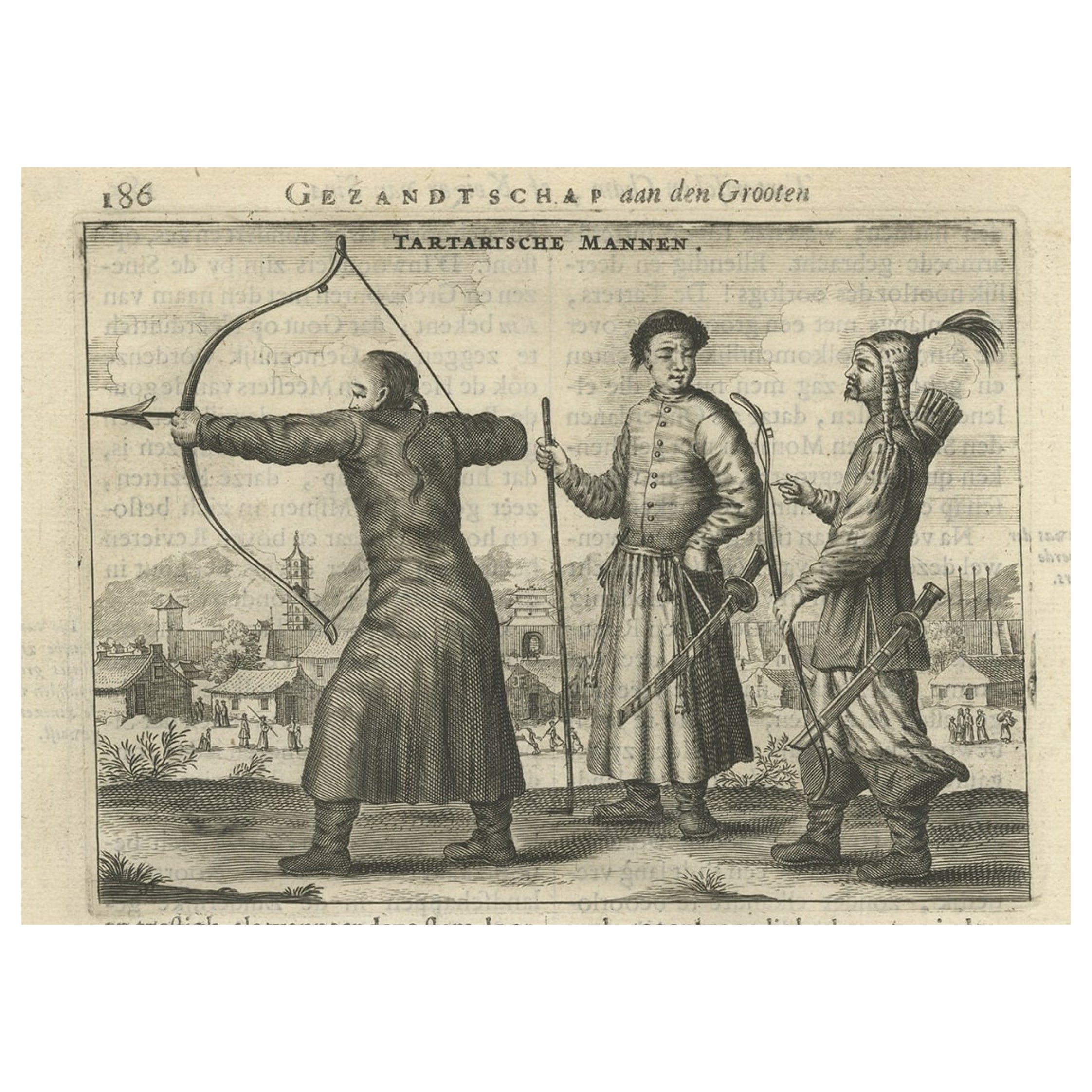 Antique Print of three Men from Tartary by Nieuhof, 1665