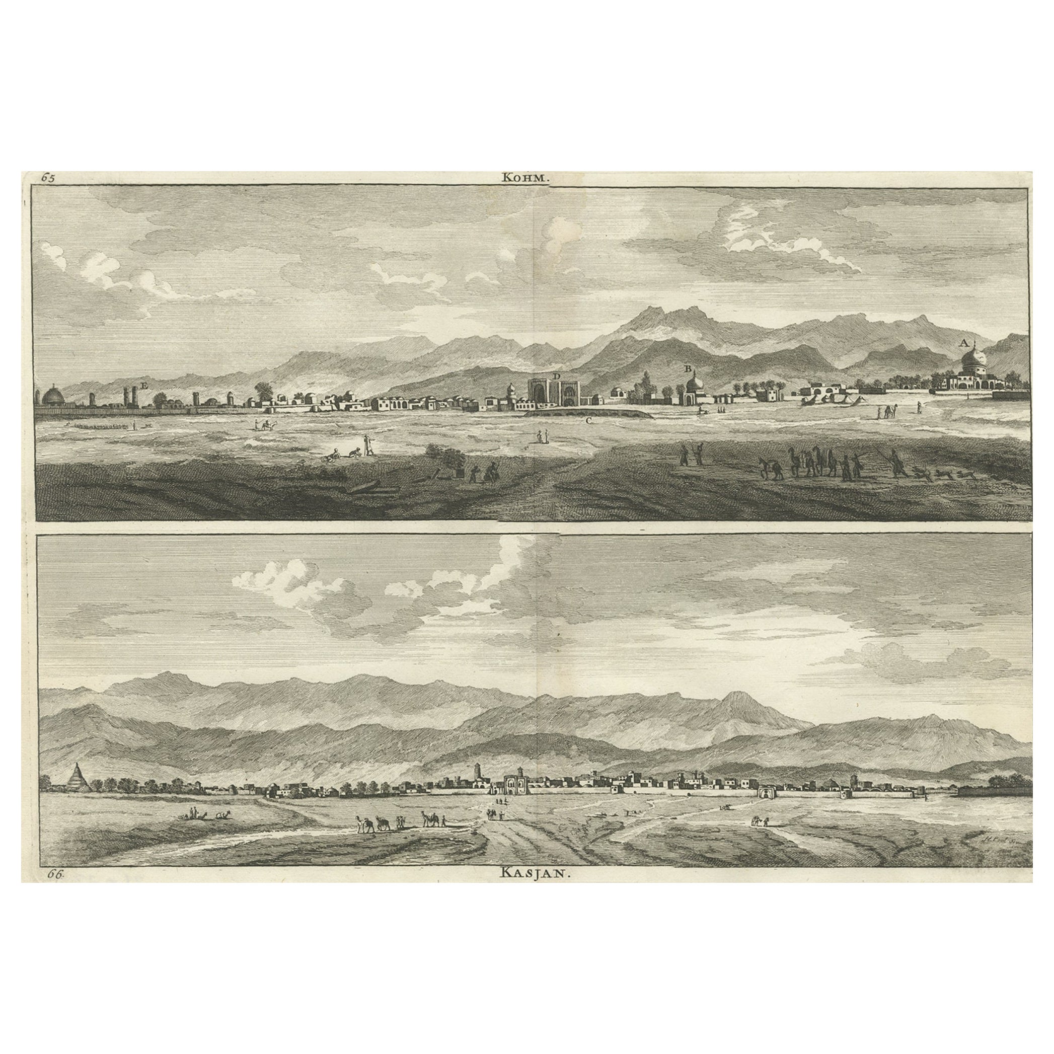 Rare Antique Engraving with Views of Qom and Kashan in Iran, 1711 For Sale