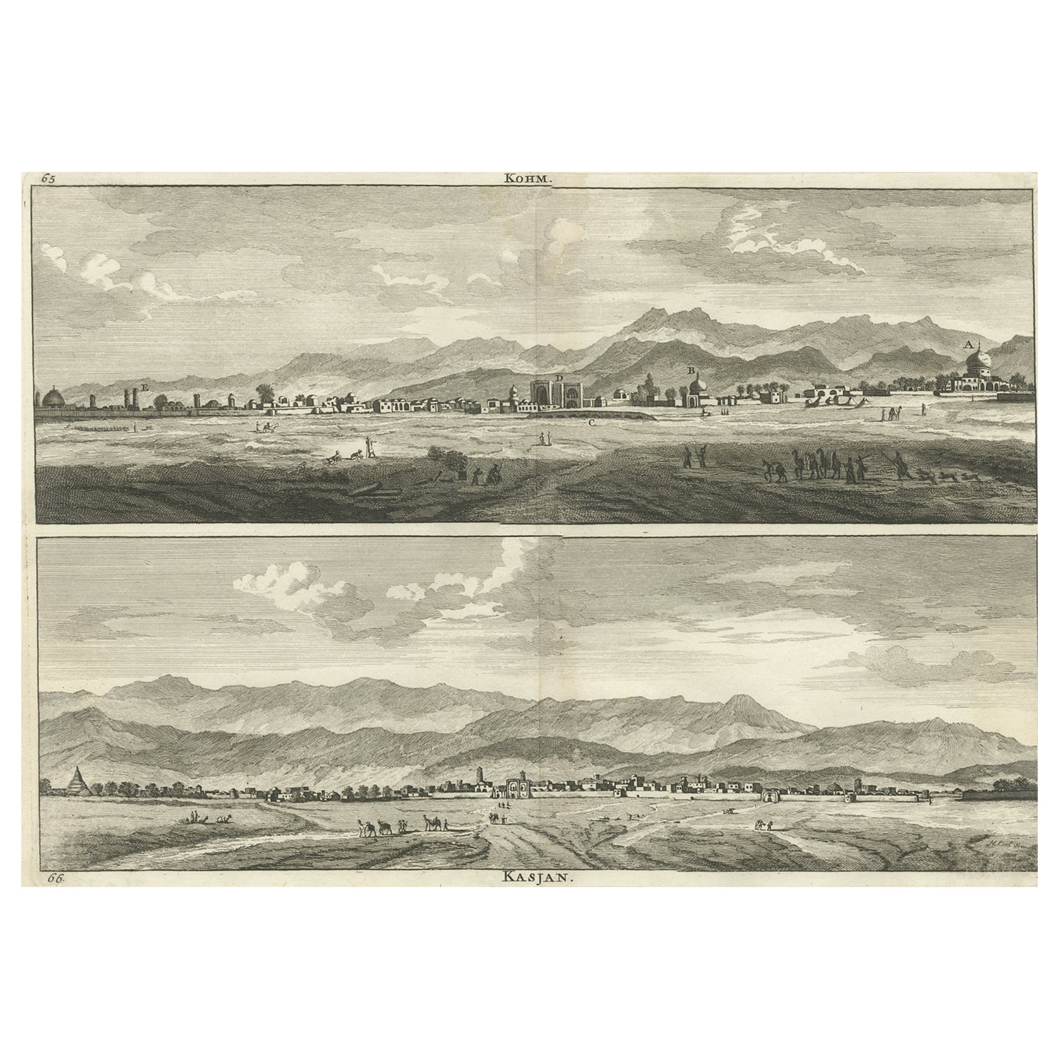 Rare gravure ancienne avec des vues de Qom et de Kashan en Iran, 1711