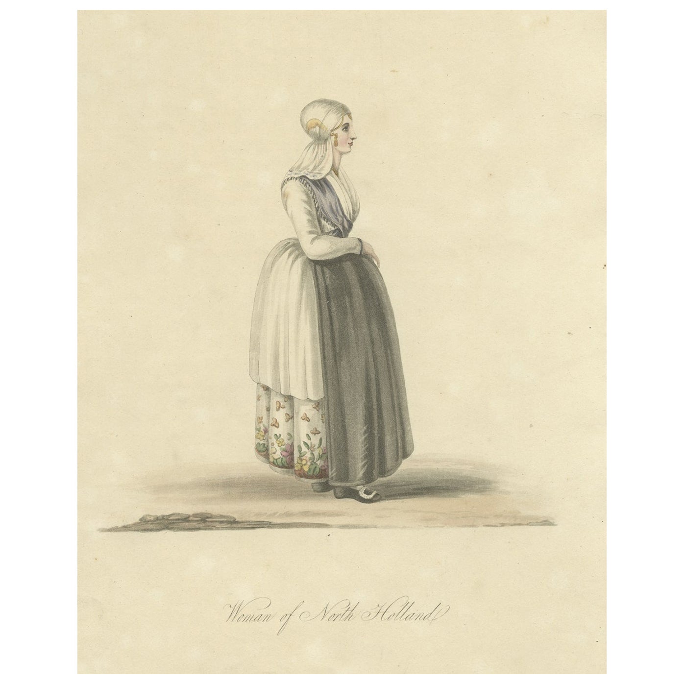 Ancienne estampe de femme dans des vêtements traditionnels de Noord- Hollande, Pays-Bas, 1817