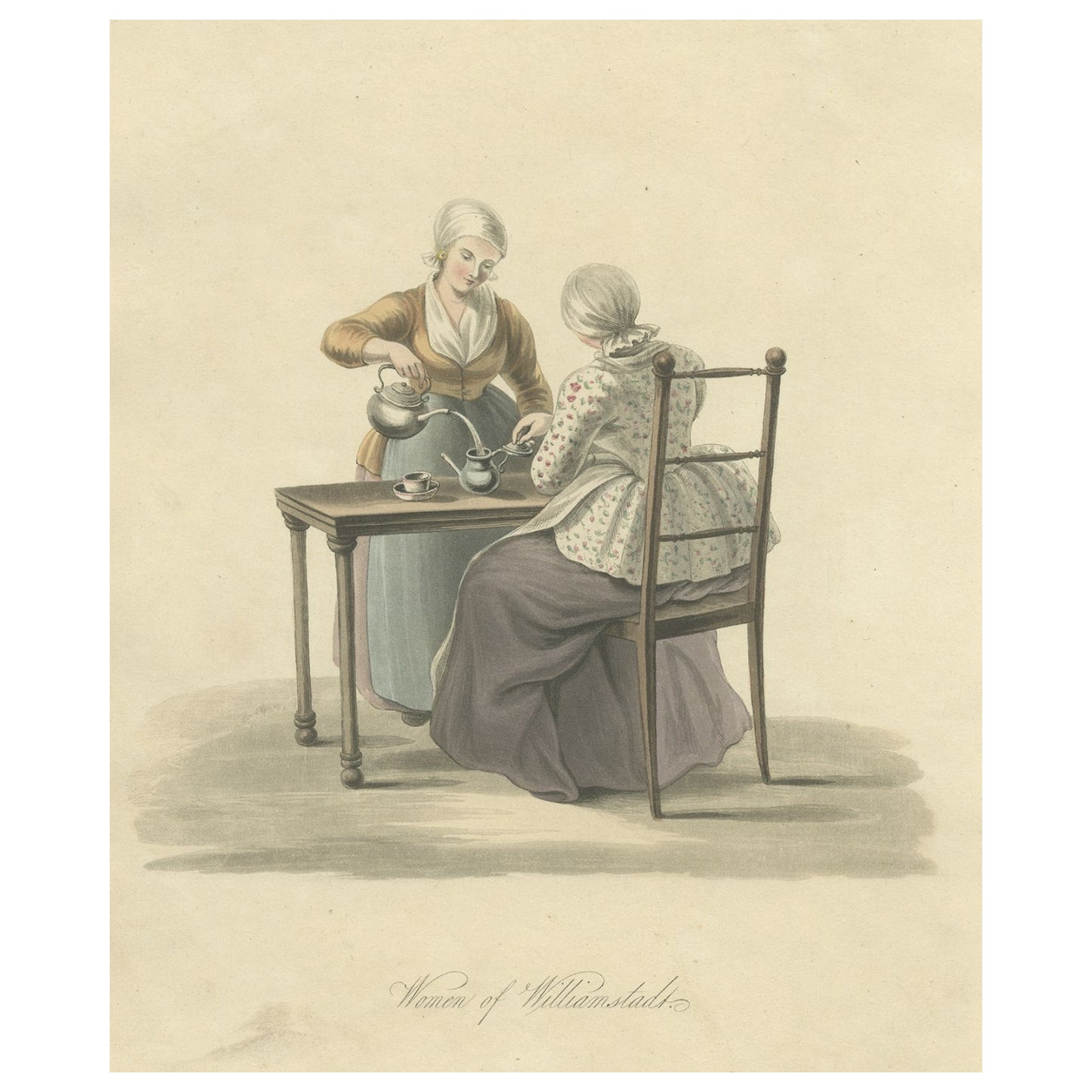 Old Print of Women of Willemstad in Brabant, the Netherlands, Drinking Tea, 1817 For Sale