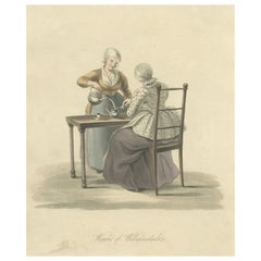 Antique Old Print of Women of Willemstad in Brabant, the Netherlands, Drinking Tea, 1817