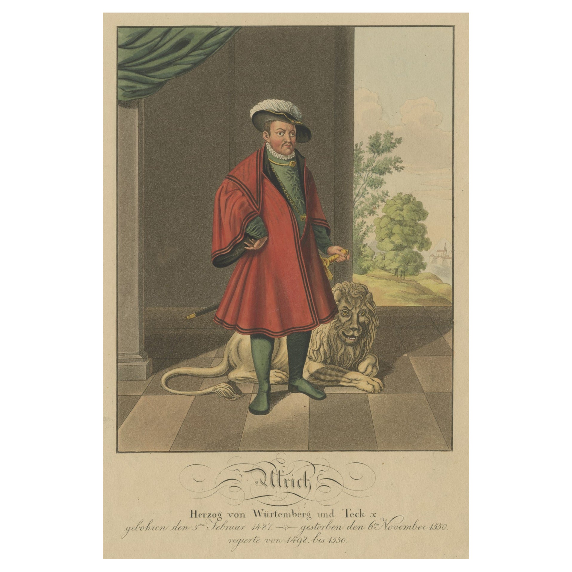 Antique Print of Duke Ulrich Von Württemberg, the "Swabian Henry VIII", Germany For Sale