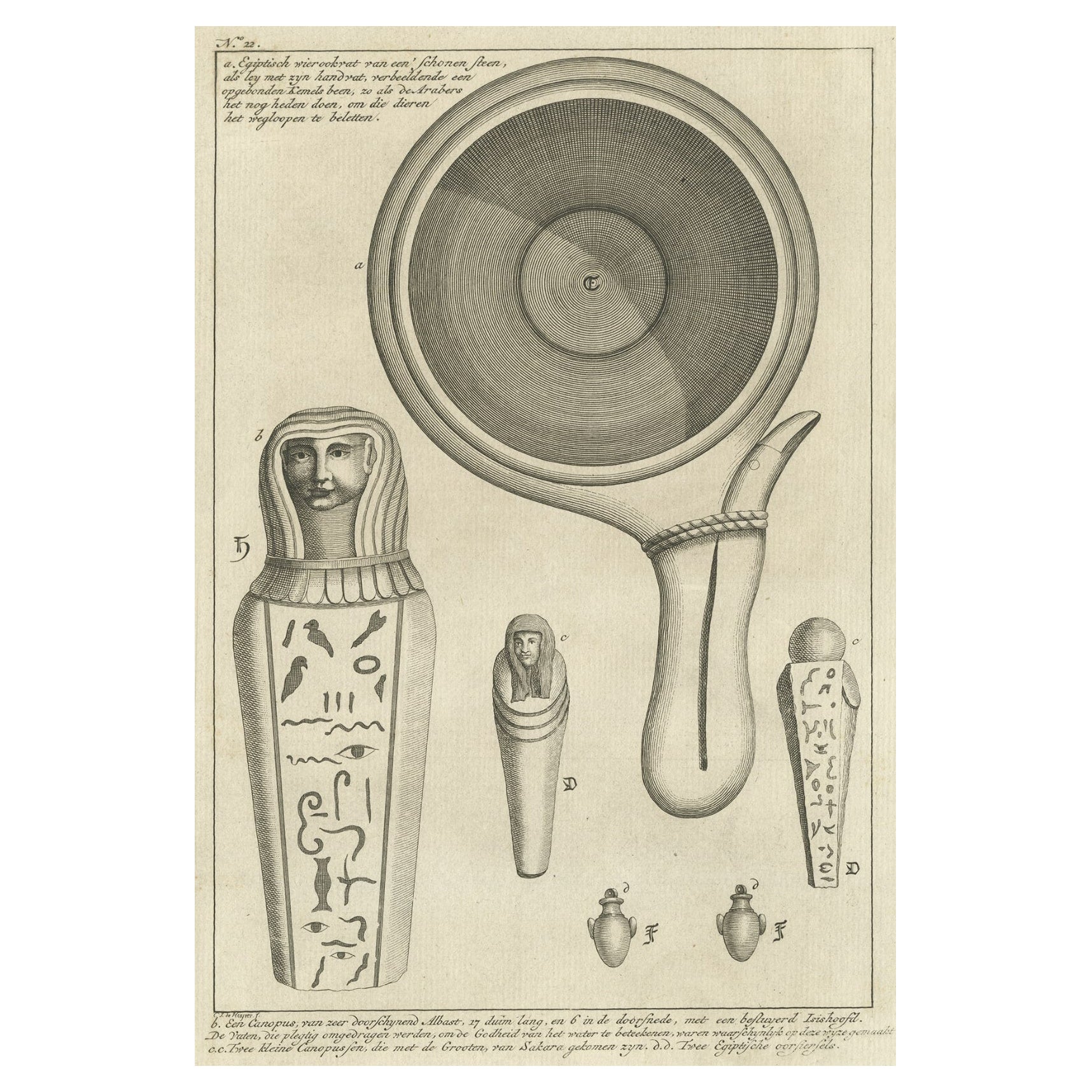 Impression ancienne décorative intéressante d'un brûleur d'encens égyptien, 1773