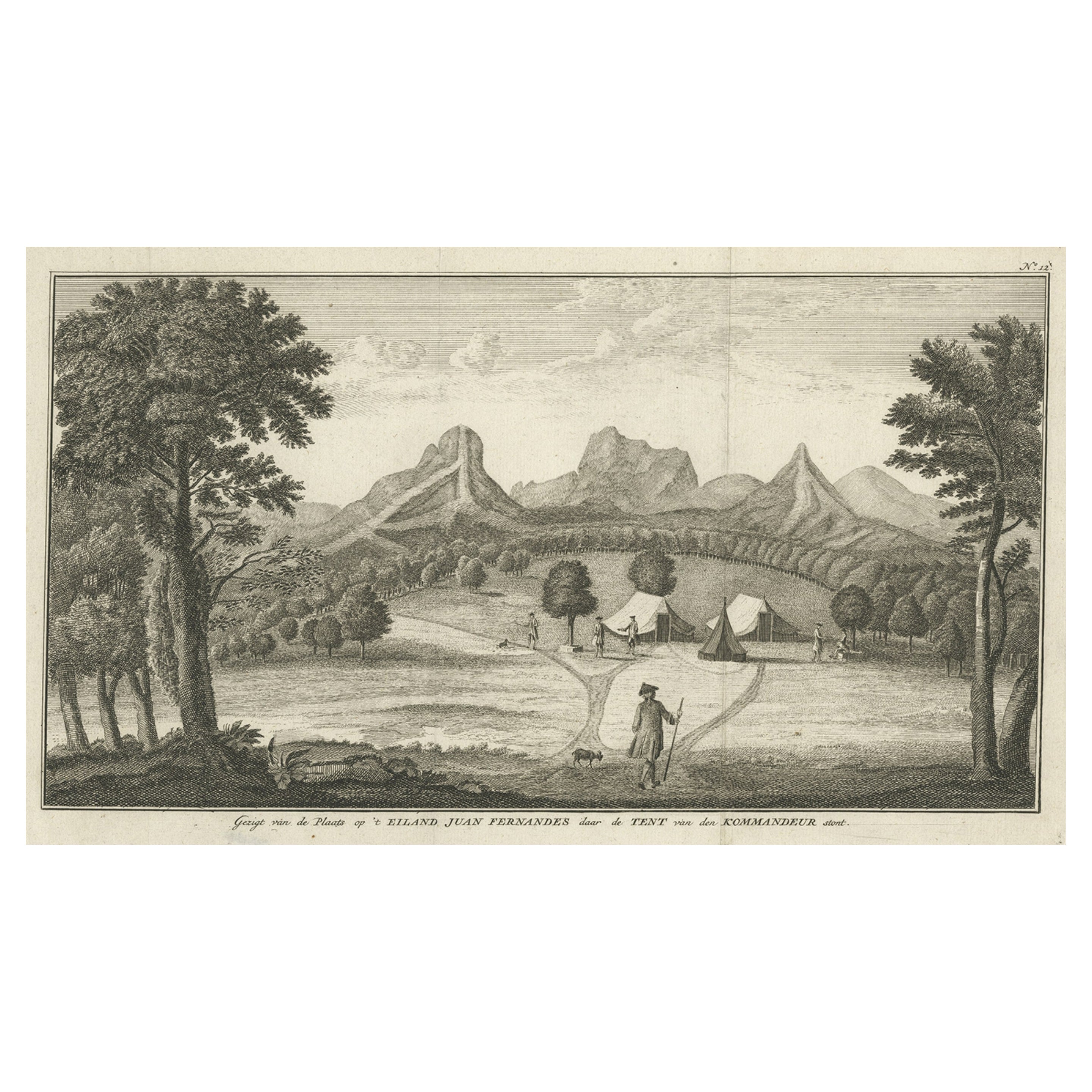 Antique Print of an Encampment on Juan Fernández Island, Chile, 1748 For Sale