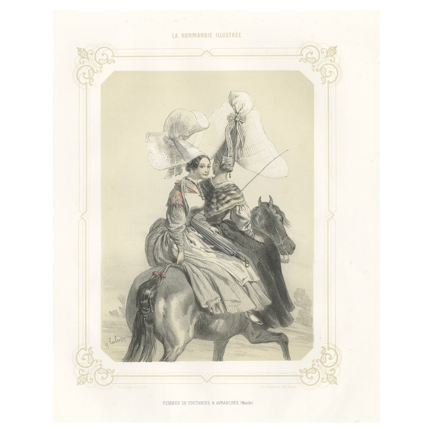 Antique Print of Women from Coutances and Avranches in Normandy, France, 1852 For Sale