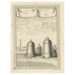 Antique Print of two Huge Chinese Bells from Peking of Bejing, China, 1748