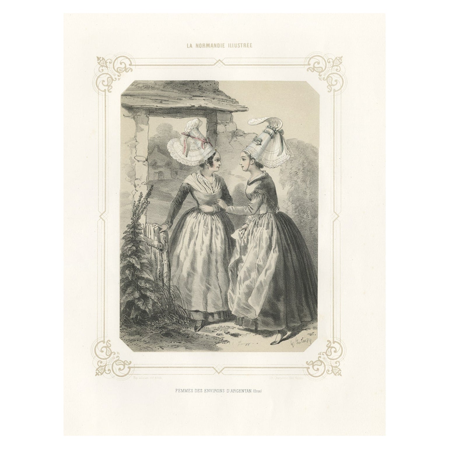 Antique Print of Women from the Region of Argentan in France, 1852 For Sale