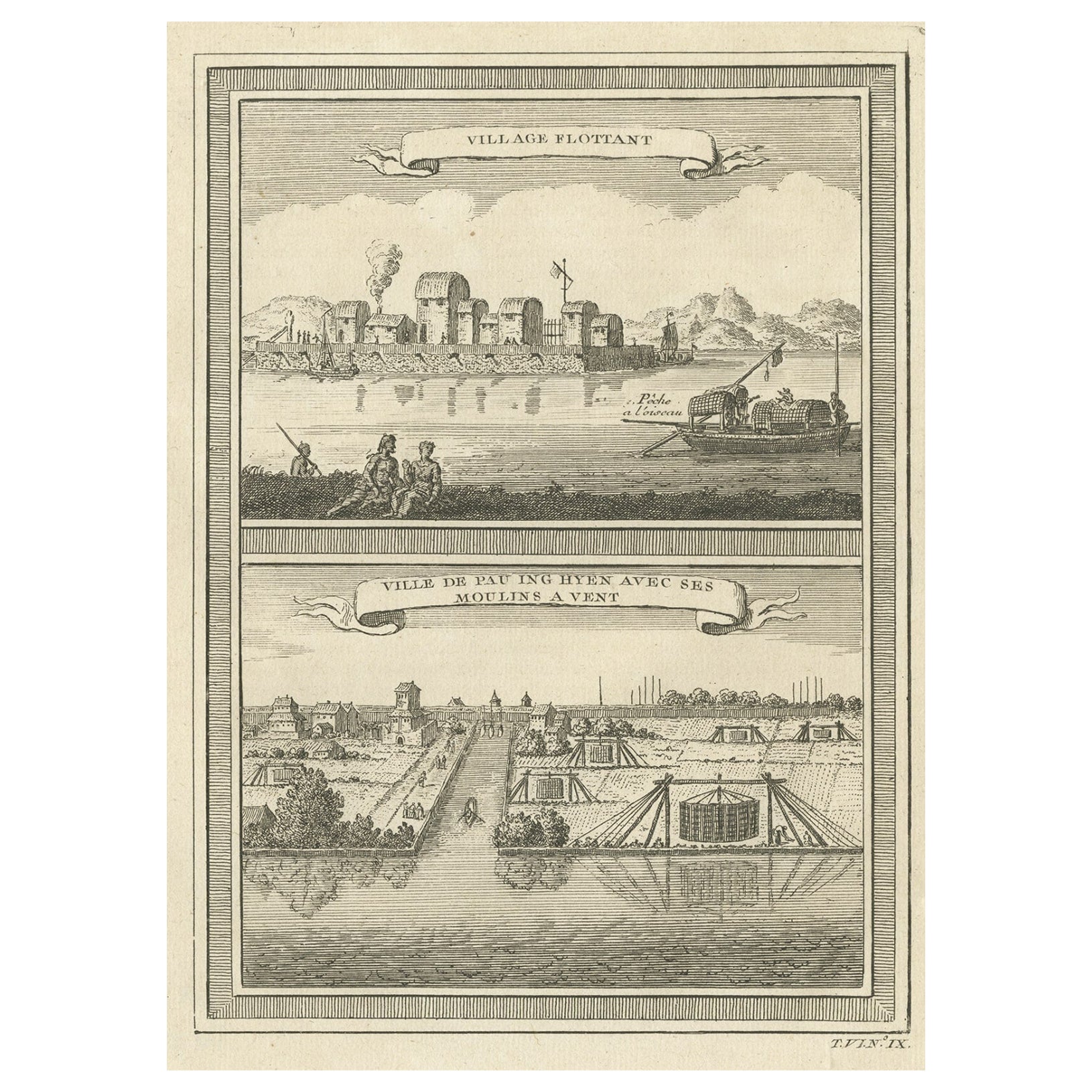 Impression ancienne de deux villages chinois Pau Ing Hyen avec des moulins à vent, Chine, 1748