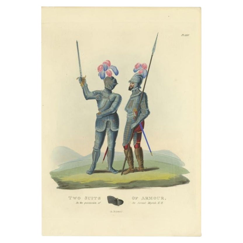 Impression antique colorée à la main de deux costumes d'armure, 1842 en vente