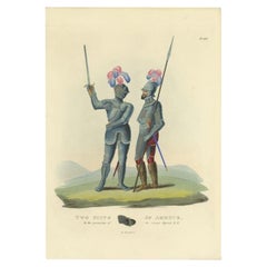 Impression antique colorée à la main de deux costumes d'armure, 1842