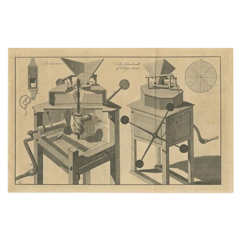 Antique Print of an Hand Mill of Cologn Stone, 1758 For Sale