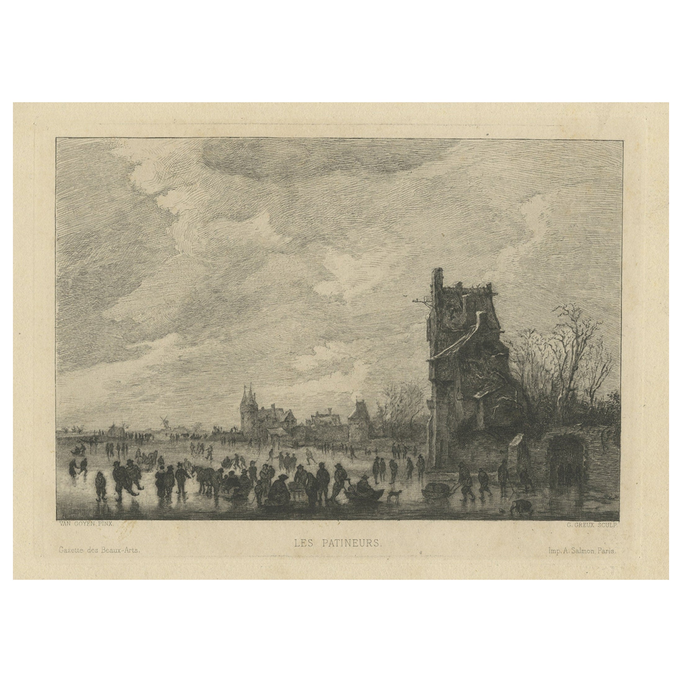 Antique Print of an Ice Skating Scene, c.1880 For Sale