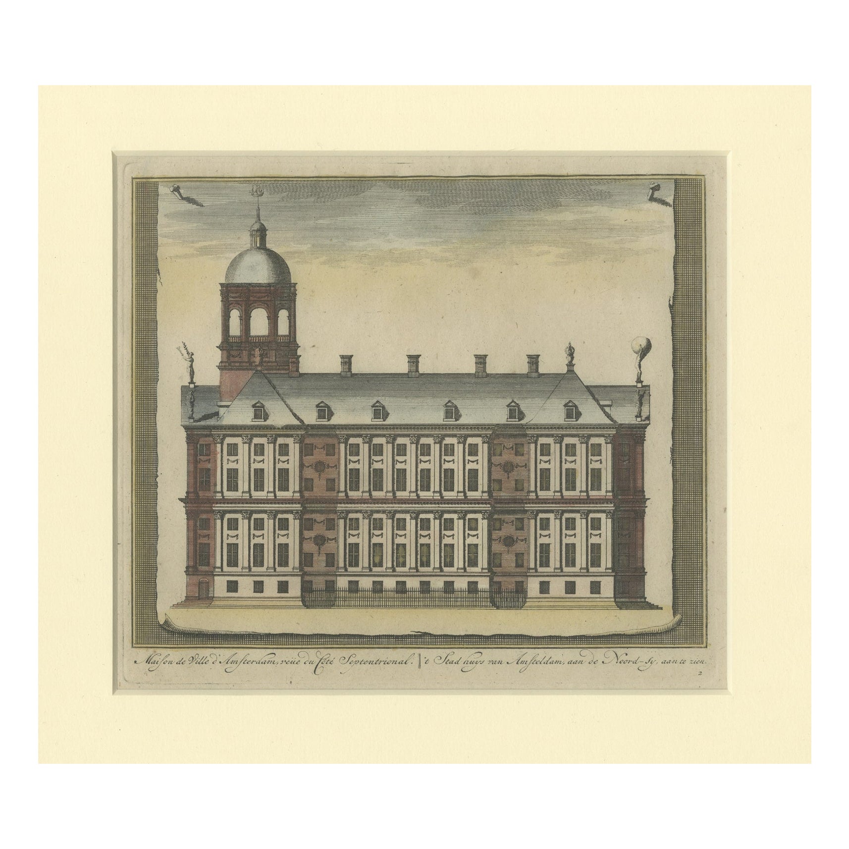 Antique Handcolored Print of the City Hall of Amsterdam, The Netherlands, c.1780 For Sale